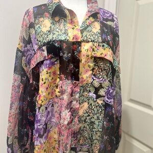Zara Purple and Pink Ruffled Graphic Blouse with Long Sleeves